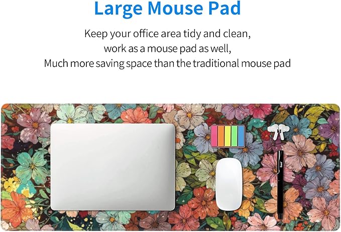 Colorful Flowers Large Mouse Pad, Watercolor Floral Gaming Desk Mat, XL Keyboard Desk Pad Mat for Desktop, 31.5"x11.8" Non-Slip Base Big Mousepad with Stitched Edges