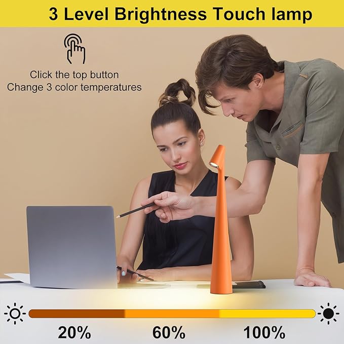 Cordless Small Table Lamps Set of 2,3 Levels Brightness Portable Desk Lamp,Rechargeable Battery Lights for Outdoor, Restaurant, Bedside, Baby Night Light(Orange)