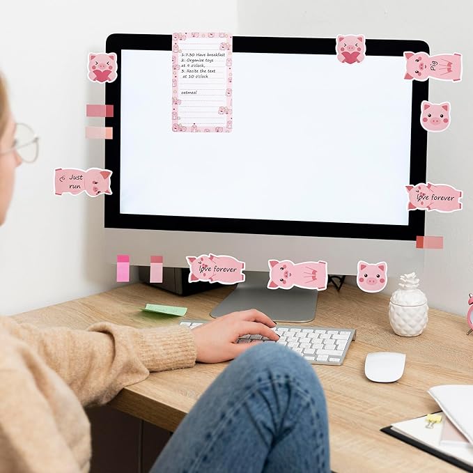 B1ykin Sticky Notes Set, Cartoon Theme Cute Self-Stick Notes Pad Teacher Appreciation Gifts， Self-Adhesive Writing Memo Pages Sticky to Do Notepad for Kids Employee School Office (Pink Piggy)