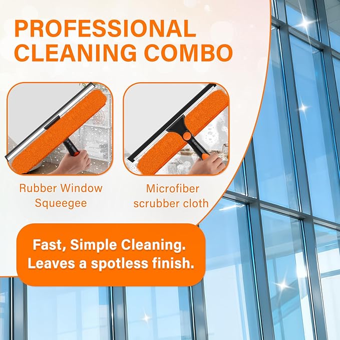 Jhkopqe 30FT Telescoping Window Cleaning Kit with 14" Squeegee - 2-in-1 Professional Window Scrubber & Extension Pole - Extra Long High-Reach Glass Cleaner Tool for Indoor & Outdoor High Windows, RV
