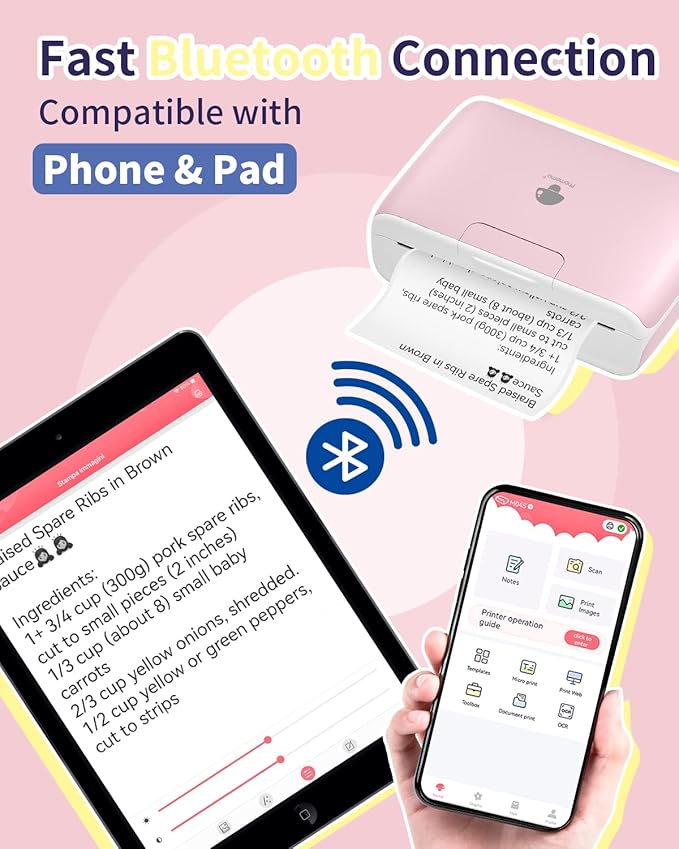 Phomemo 4" Portable Thermal Printer Printpods- Bluetooth Inkless Printer, Support 2/3/4 inch Printing Width, 300dpi, Compatible with Phones, Computer, Ideal for Documents, Notes, Label, Sticker