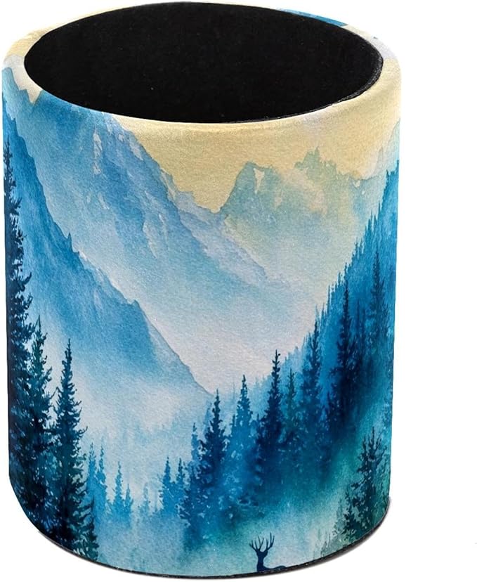 Watercolor Mountain Deer Circular Pen Holder, Pen Cup Makeup Brush Holder, Design for School, Home and Stationary Supplies (3.9 x 3.1 Inches)