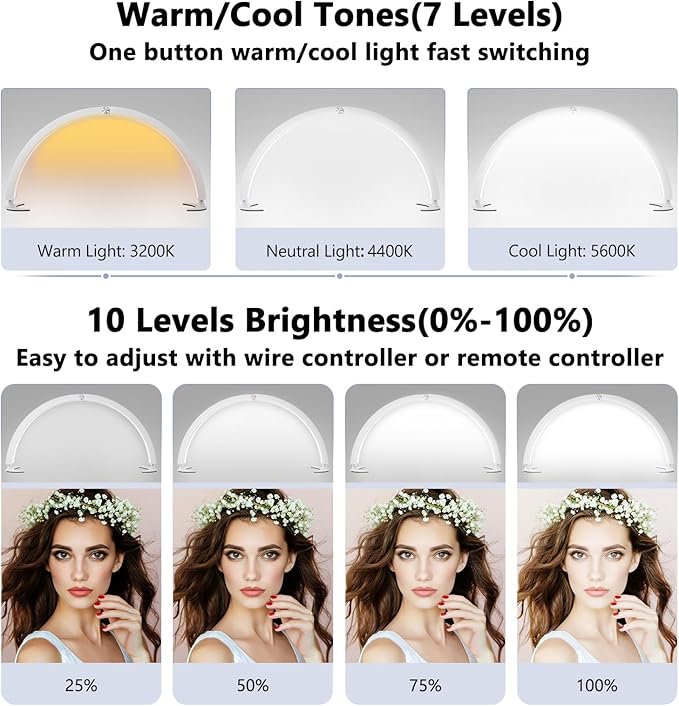 Half Moon Light for Nail Desk, 29in Half Moon Table Lamp Nail Desk Lamp with Wire Controller & Remote, Lash Light Lamp for Eyelash Extensions Tattoo PMU, 7 Cool/Warm Tones & 10 Brightness