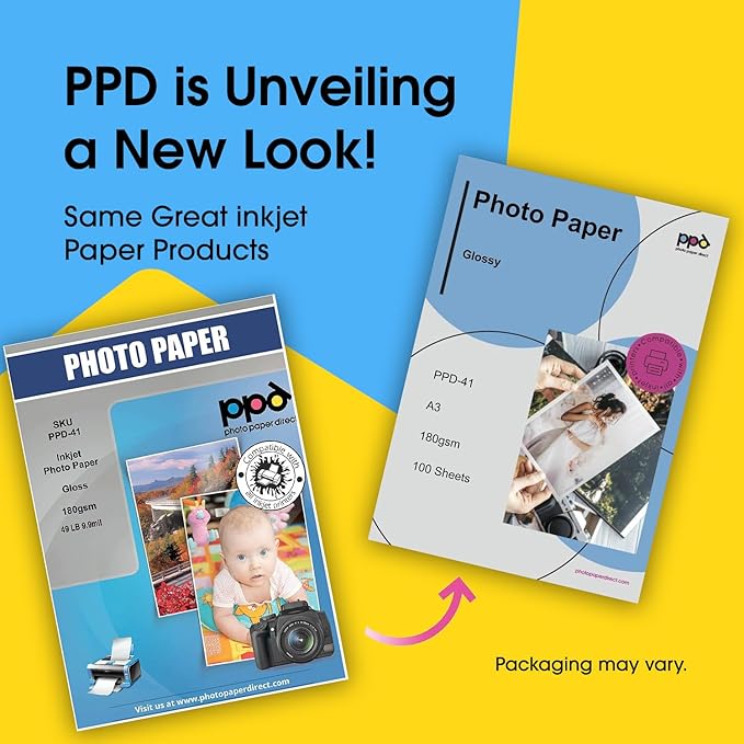 PPD Glossy Photo Paper for Inkjet Printer, 11 x 17" Heavyweight Quality Printable Sheets for Custom Picture, Professional Photographic Instant Dry For Normal, Dye or Pigment Ink (50 Pack/180 gsm)