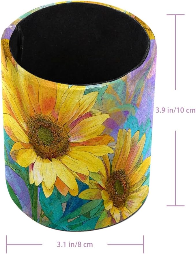 Watercolor Art Sunflower Circular Pen Holder, Pen Cup Makeup Brush Holder, Design for School, Home and Stationary Supplies (3.9 x 3.1 Inches)