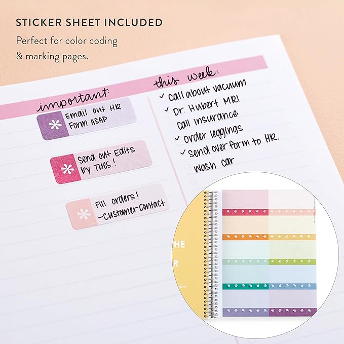 Erin Condren 7” x 9” Productivity Spiral Notebook, Lines & Checklist Layout with 80 Lb. Paper, Cherry Cover, 160 Productivity Notebook Pages, Platinum Coil, Stickers Included