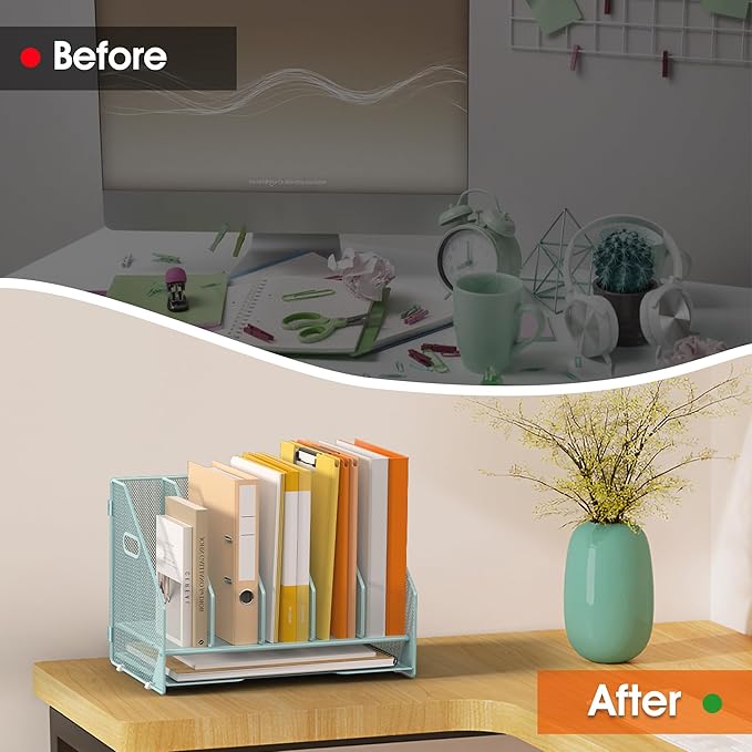 Desk File Folder Holder Organizer-5 Vertical Compartments Racks and Paper Letter Tray,Mesh Magazine File Holder Sorter,Desktop Accessories & Workspace Organizers for Home,Office,School-Blue