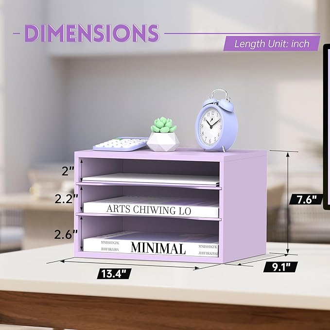 SUPEASY Wood Desk Organizer, 3 Tier Paper File Organizer for Desk, Wooden Desktop Organizer, Paper Letter Literature Mail Sorter, for Office School & Home Organization, Purple
