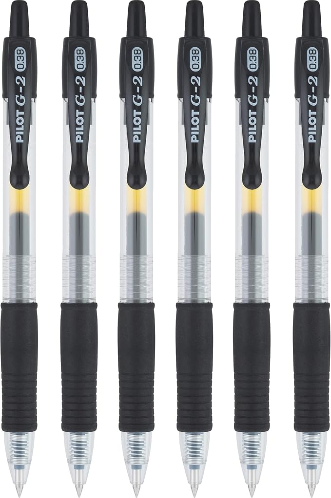 Pilot G2 Retractable Rollerball Gel Pens, Ultra Fine Point, 0.38mm, Black Ink, 6 Count