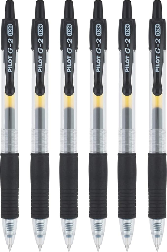 Pilot G2 Retractable Rollerball Gel Pens, Ultra Fine Point, 0.38mm, Black Ink, 6 Count
