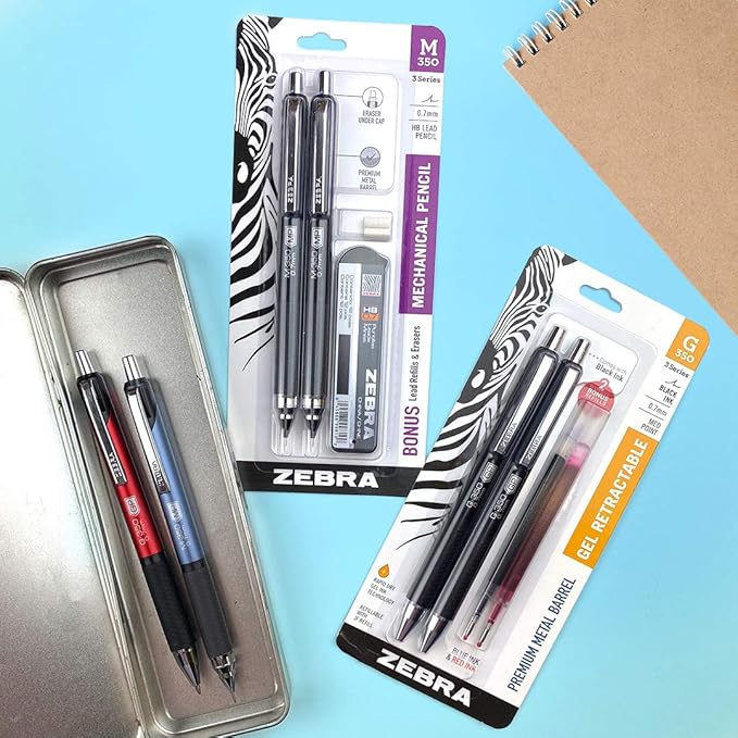 Zebra Pen G-350 Gel Pens 2-Pack, Black Ink, 0.7mm Medium Point, Space Black Premium Metal Barrel, Rapid Dry Ink, Textured Rubber Grip, Secure Metal Clip, Includes 2 Refills (40112)