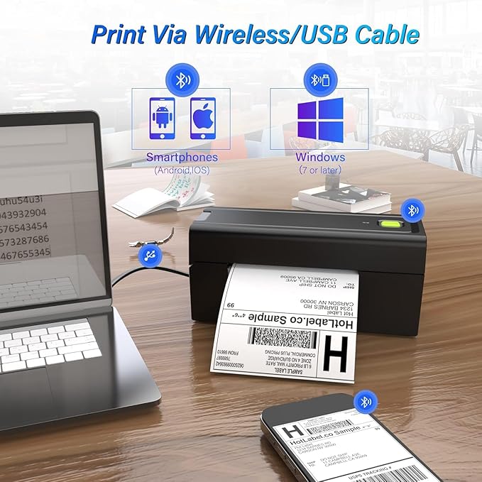 4x6 Bluetooth Shipping Label Printer with Holder Stand – Fast, Easy Setup, Compatible with Windows, Mac, Android & iOS