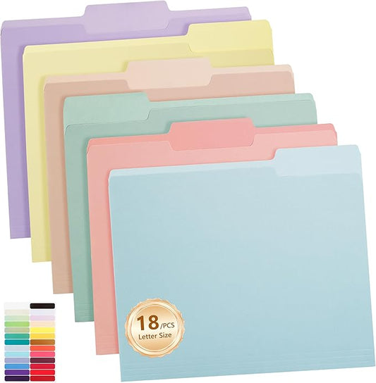 Color File Folders, 1/3-Cut Tabs, Letter Size, 6 Colors Organizer File Folders for School Home Office Business (18, Pastel Colors)
