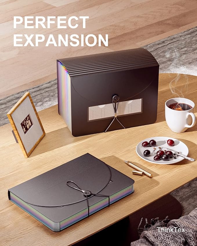 ThinkTex Expanding File Folder 12 Pockets Accordion File Organizer/Portable Expandable Plastic Filing Box, Accordion Bill/Paper/Document/Receipt Organizer Folders with Colored Tabs(A4/Letter Size)