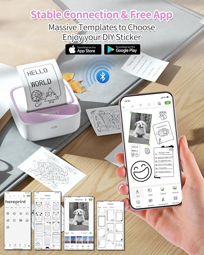 iDPRT Sticker Maker, Portable Thermal Printer with 1 Roll Sticker Paper, Bluetooth Inkless Printer Mini Label Maker for Study, DIY, Notes, Mini Label Maker with Multiple Template in Free App, Pink