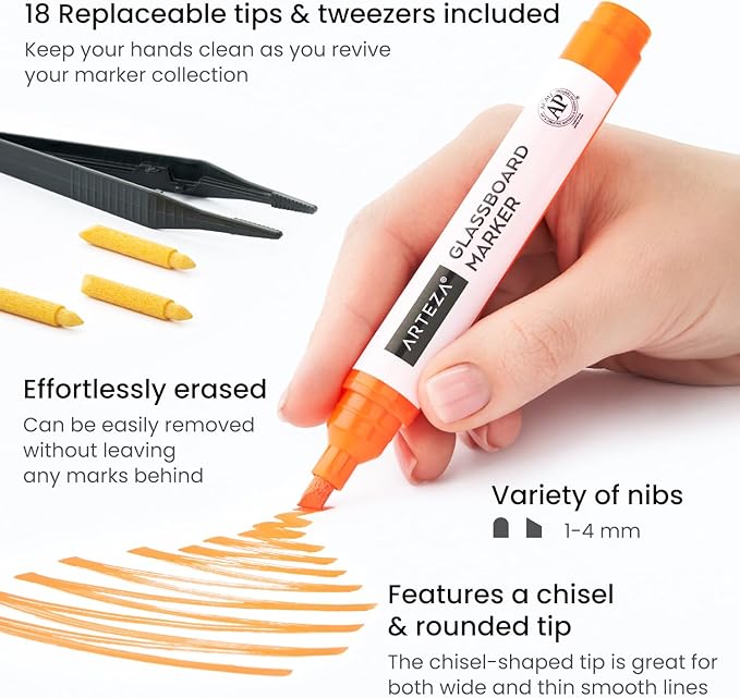 ARTEZA Glass Board Markers, Pack of 18, 10 Classic and 8 Neon Colors for Whiteboards and Windows, Erasable Dry Erase Markers, Office, School Supplies