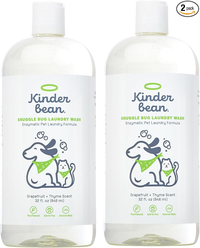 Kinderbean Dog and Cat Laundry Wash, 2-Pack 32 oz. Enzyme Formula Pet Laundry Detergent Removes Pet Odors, Cleans Stains from Cat or Dog Urine, Safe Laundry Odor Eliminator for Bedding, Collars, Toys