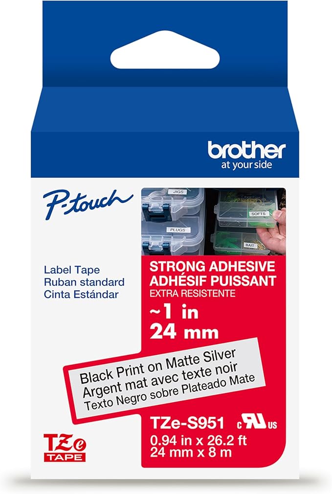 Brother Genuine P-Touch TZe Black Print on Matte Silver Label Tape (TZeS951), Strong Adhesive Laminated,1in x 26.2ft (24mm x 8m), for Select P-Touch Label Makers, Water-Resistant, Extra Strength