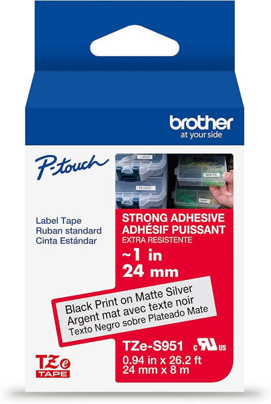 Brother Genuine P-Touch TZe Black Print on Matte Silver Label Tape (TZeS951), Strong Adhesive Laminated,1in x 26.2ft (24mm x 8m), for Select P-Touch Label Makers, Water-Resistant, Extra Strength