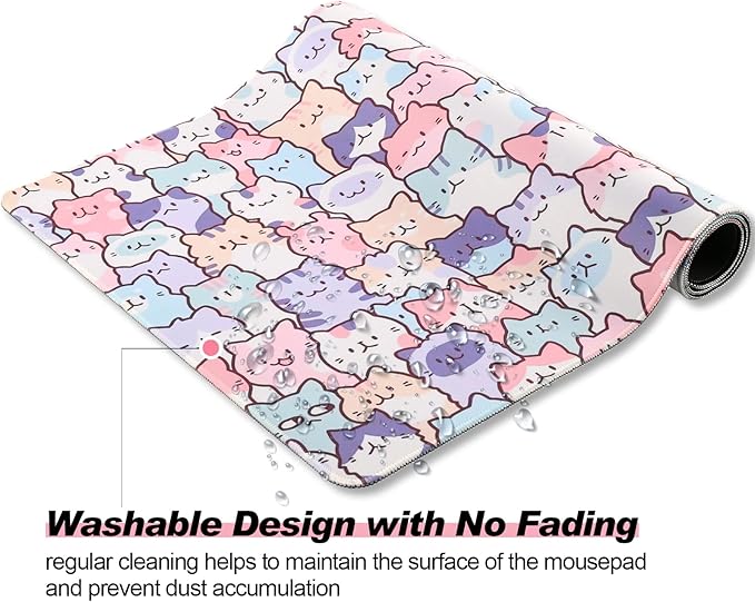 Cute Kawaii Cat Mouse Pad, Gaming Office Home Mousepad, Computer Keyboard and Laptop Desk Mat for Women, Large Extended Non-Slip Rubber Base with Stitched Edges, 31.5x15.7x0.12 in, Pink