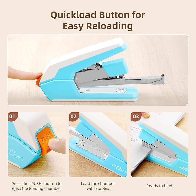 Deli Effortless Desktop Stapler, Heavy Duty Stapler, 40-50 Sheet Capacity, One Finger, No Effort, Includes 1500 Staples & Staple Remover, Sky Blue