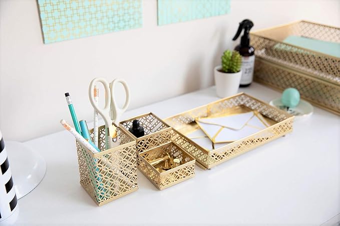 BLU MONACO Gold Desk Organizer Set for Women – 6-Piece Interlocking Office Supplies Set, Pen Cup, 3 Accessory Trays & 2 Letter Trays, Gold Paper Tray Holder