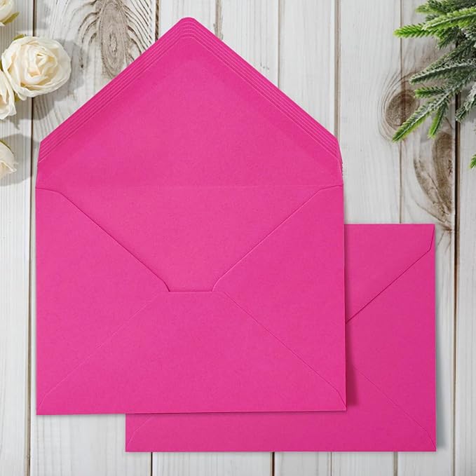 Whaline 50Pcs A7 Invitation Envelopes Set Hot Pink Greeting Card Envelopes V-Flap Envelopes Gift Card Sleeves for Valentine's Day Mailing Envelopes Sending Card, 7.3x5.3 Inch