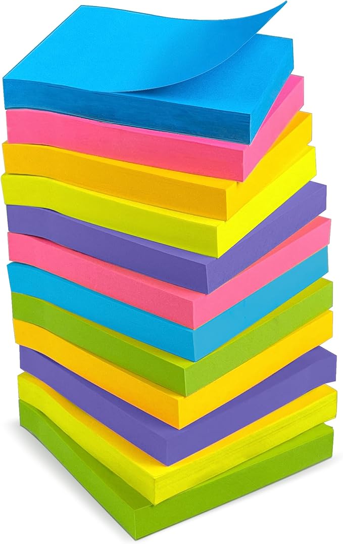 OHOME Sticky Notes - 12 Pads, 3”x3” - Colorful Self-Stick Post Notes Bulk - Office Desk Accessories | Teacher Classroom Must Haves,Aesthetic School Supplies for Home,Stocking Stuffers for Women