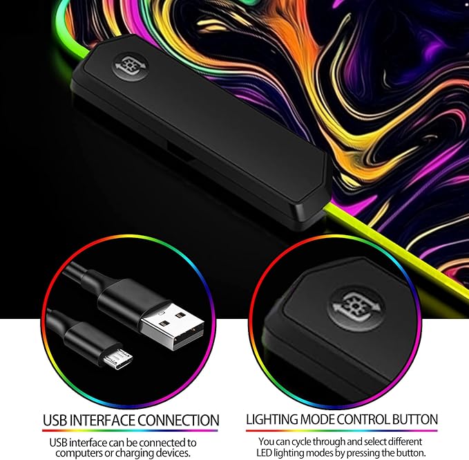 RGB Abstract Colorful Marble Swirl Fluid Gaming Desk Mat, Computer Keyboard Large Extended Long LED Mouse Pad for Office and Home, XL (W22)