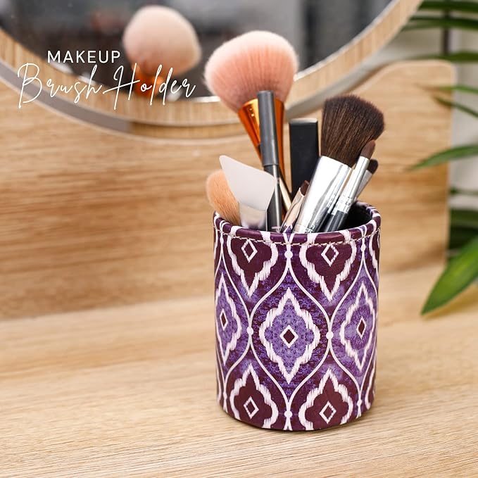Desk Organizers, PU Leather Makeup Brush Holder for Cosmetics Office Supplies, Blue Ikat PH87