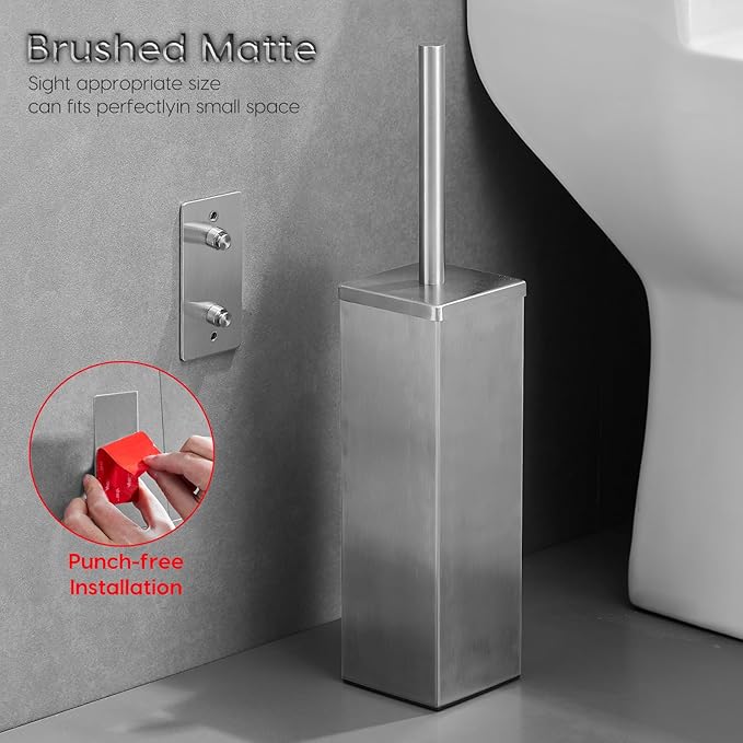 JOVYXIE Brushed Stainless Steel Square Toilet Brush with Metal Lid Dual-Use Toilet Brush Holder with Drilled + Drill-Free Hook Base Includes Removable Inner Bucket (Brushed)