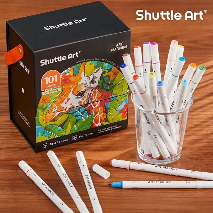 Shuttle Art 101 Colors Alcohol Markers, 100 Colors Dual Tip Art Marker Set Plus 1 Colorless Blender with Marker Case Perfect for Illustration Students Adult Coloring Sketching