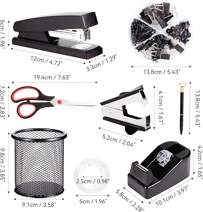 Black Desk Accessories, Office Supplies Set with Stapler, Tape Dispenser, Staple Remover, Pen Holder, Scissor, Binder/Paper Clips, Ballpoint Pen, Clear Tape and 1000pcs Staples
