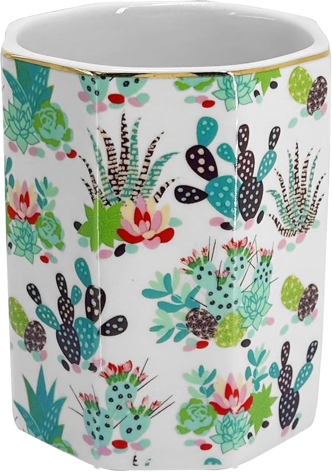 Pen Holder, Makeup Brush Holder Ceramic Shiny Gold Tropical Cactus Floral Succulents Pattern Plants Pencil Cup for Girls Kids Women Durable Stand Desk Organizer Gift for Office, Classroom, Home