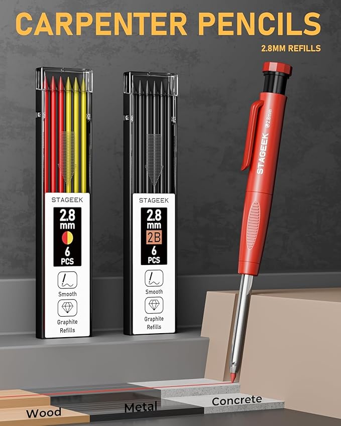 14 Pack Carpenter Pencil Set with Sharpener, Mechanical Carpenter Pencils with 60 Refills, Deep Hole Long-Nib Marker Pens, Carbide Scribe Tool & Construction Pencils for Architect with Case