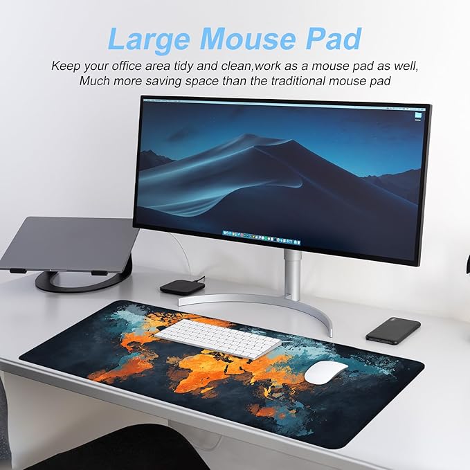 World Map Artistic Design Mouse Pad – 31.5" x 11.8" Extended Abstract Desk Mat with Bold Orange and Blue Color Palette – Large Non-Slip Surface for Office, Home, and Study