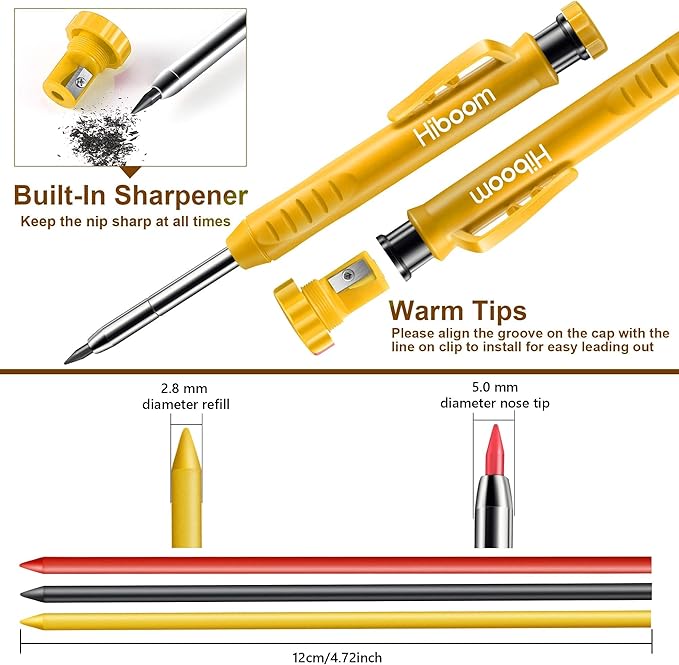Hiboom 2 Pack Solid Carpenter Pencils with Pencil Cap and 18 Refills, Long Nose Deep Hole Mechanical Pencil Marker, Scribe Tool with Built-in Sharpener for Construction Woodworking Architect (Yellow)