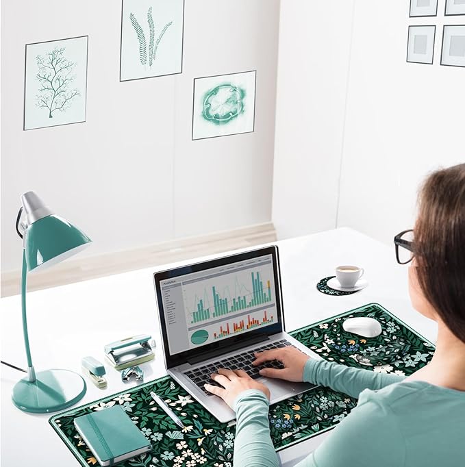 ARTSO Desk Pad Desk Mat, XXL Large Gaming Mouse Pad with Wrist Rest Wrist Support, Ergonomic Mouse Pad, Keyboard Wrist Rest, Home Office Desk Accessories Decor, Green Flower Plants