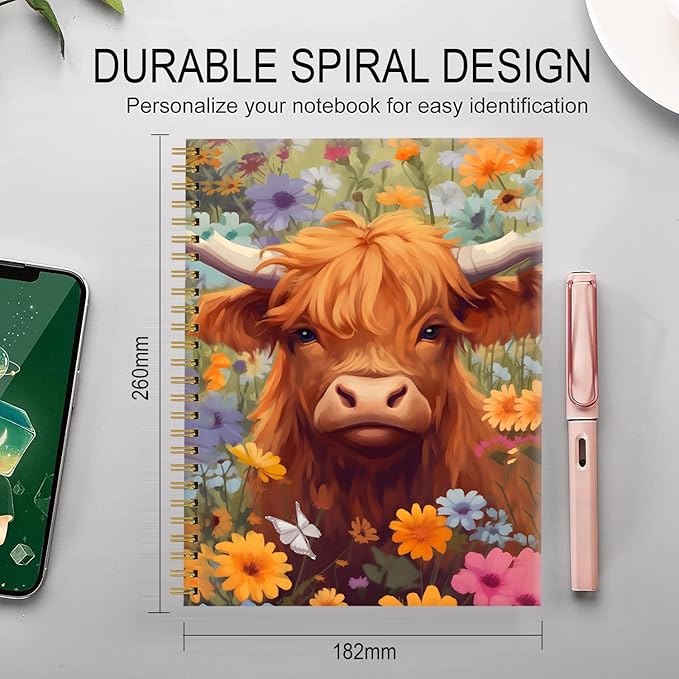 Spiral Journal Notebook for Women,A5 College Ruled Notebooks 6"x 8.4", 120 Pages Lined Journal with Premium Thick Paper,Perfect for School Office Home Gifts(floral cow)