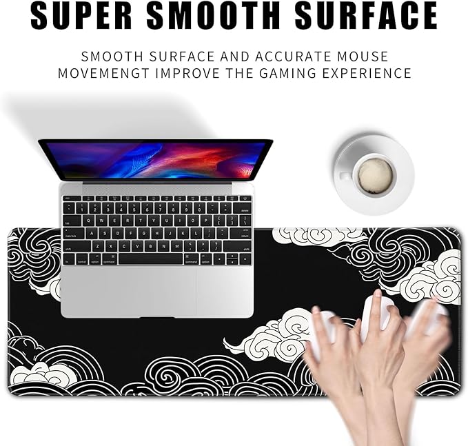 Black and White Mouse Pad Japanese Clouds Mouse Pad XL Anime Big Mouse Pads for Desk Large Gaming Large Mouse Pad for Men Desk Pad with Stitched Edges Non-Slip Large Computer Mat, 31.5x11.8 in