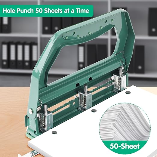 AFMAT HP18 Heavy Duty 3 Hole Punch, 50-Sheet Hole Puncher 3 Ring, 50% Reduced Effort, Adjustable Two & Three Hole Punch, Metal Paper Puncher w/Large Chip Tray, Metal Paper Guide, Green