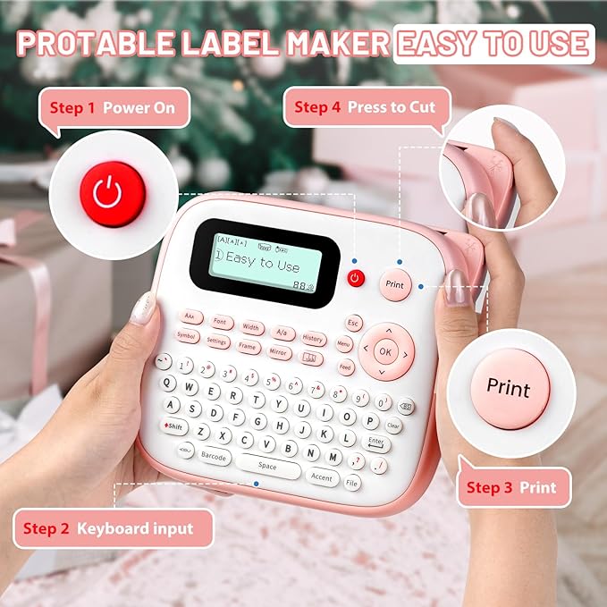 Pink Label Maker Machine with-Tape, Kids Label Maker Waterproof-Labels, D210S Portable Labeler Machine Multiple Fonts Frames Barcode for Home Kitchen Office School Use