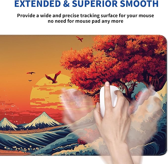 Japanese Gaming Mouse Pad Abstract Red Mouse Pad 31.5x11.8 Inch Red Sea Wave Texture Non-Slip Rubber Base Large Ocean Mousepad Stitched Edges Keyboard Mouse Mat Desk Pad for Office and Home