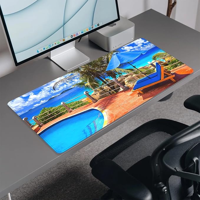 Swimming Pool and Sea Desk Pad Mouse Pad,Large Summer Blue Gaming Mouse Mat with Stitched Edges,Non-Slip Waterproof Rubber Base Mousepad for Office Work Home Desk Mat(27.5X11.8 in)