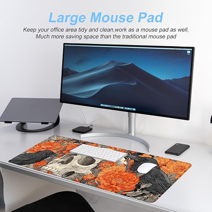 Mouse Pad Desk Mat for Desktop, Large 31.5" x 11.8" Extended Gaming Mousepad with Skull and Raven Design, Waterproof Non-Slip Rubber Base, Computer Laptop Desk Accessories for Women Men Home Office