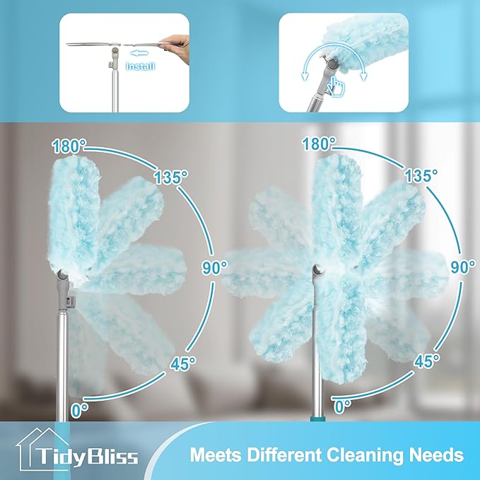 TidyBliss 6 ft Extendable Dusters for Cleaning Compatible with Swiffer, Super Long Handle Dusting Wand Kit with 10 Refills, 360 Degree Heavy Duty Microfibers Dust Removing Tool for Ceiling Fan Wall