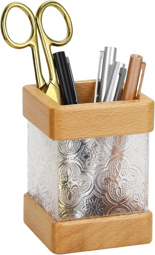 MultiBey Beech Wooden Pencil Holder, Clear Acrylic Wood Pen Holder, Modern Pencil Cup Organizer Stand Wood Desk Accessory Organizer for School Office Home Supplies