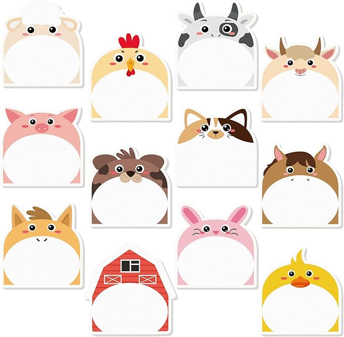 Yinder 24 Pads Cute Sticky Notes Kawaii Fun Animal Sticky Notes Pads Bulk Cartoon Memo Self Adhesive for Veterinary Gift Office School Tab Party Supplies(Farm Animals)