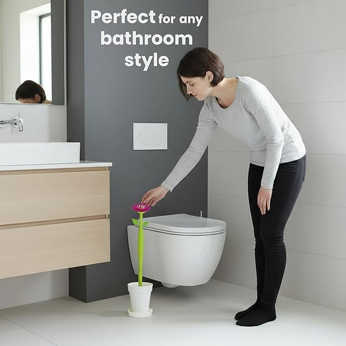 Vigar Flower Power Toilet Brush with Holder Set Toilet Brush with Daisy-shaped Handle, Flowerpot Base with Saucer Durable Bristles for Bathroom, White