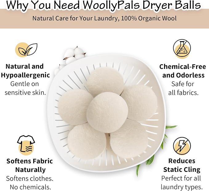 WoollyPals Dryer Balls (6-Pack, XL Size) - 100% New Zealand Wool - No More Dryer Sheets - Eco Dryer Balls - Reusable - Softens Laundry - Reduces Drying Time & Static - with Storage Bag (Plain White)